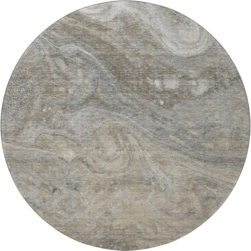 8' Taupe Gray And Ivory Abstract Washable Round Rug With UV Protection Photo 4