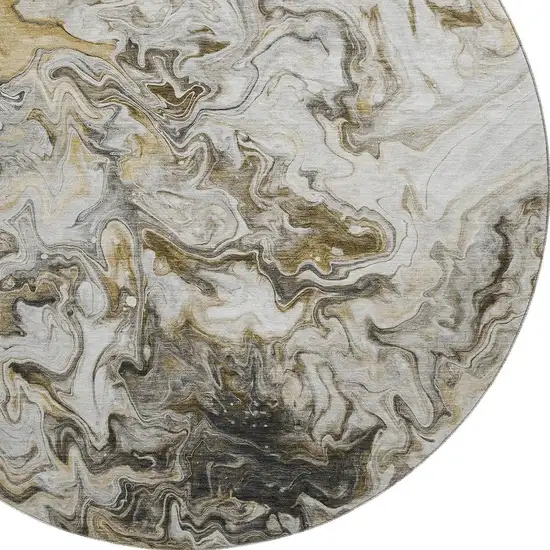 8' Taupe Gray And Ivory Abstract Washable Round Rug With UV Protection Photo 2