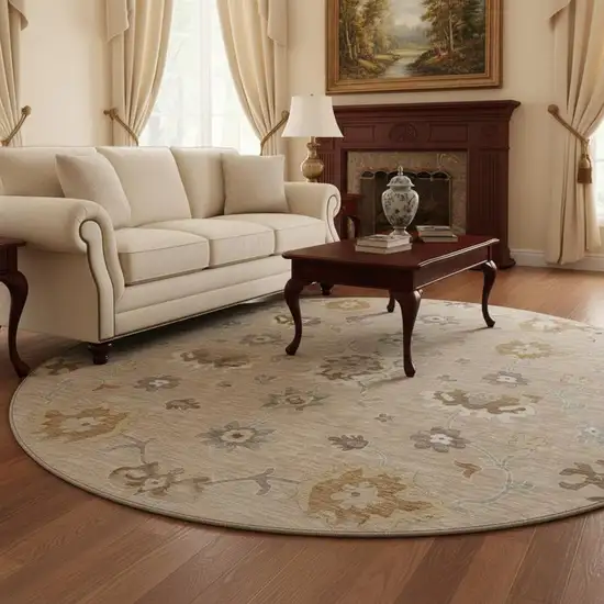 8' Taupe Gray And Ivory Floral Medallion Washable Round Rug With UV Protection Photo 2