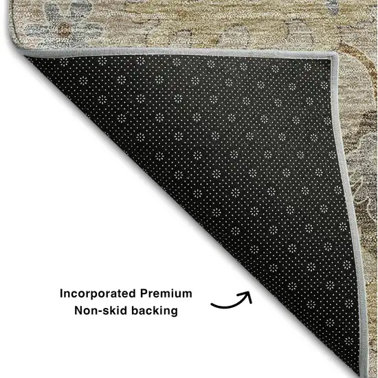 8' Taupe Gray And Ivory Floral Medallion Washable Round Rug With UV Protection Photo 6