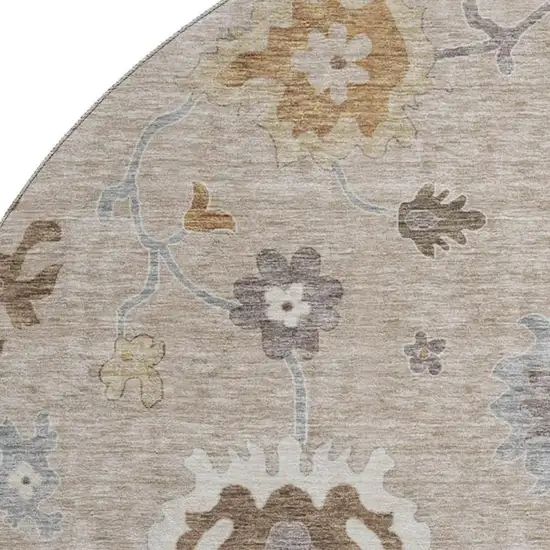 8' Taupe Gray And Ivory Floral Medallion Washable Round Rug With UV Protection Photo 3