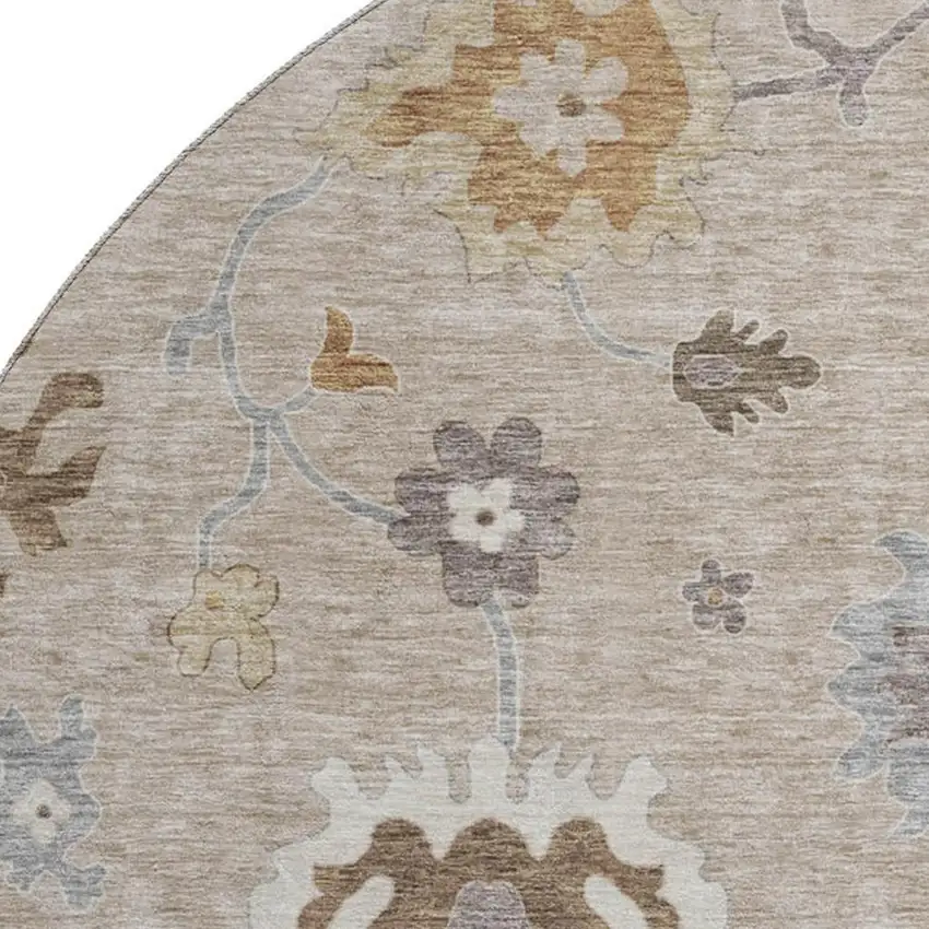 8' Taupe Gray And Ivory Floral Medallion Washable Round Rug With UV Protection Photo 3