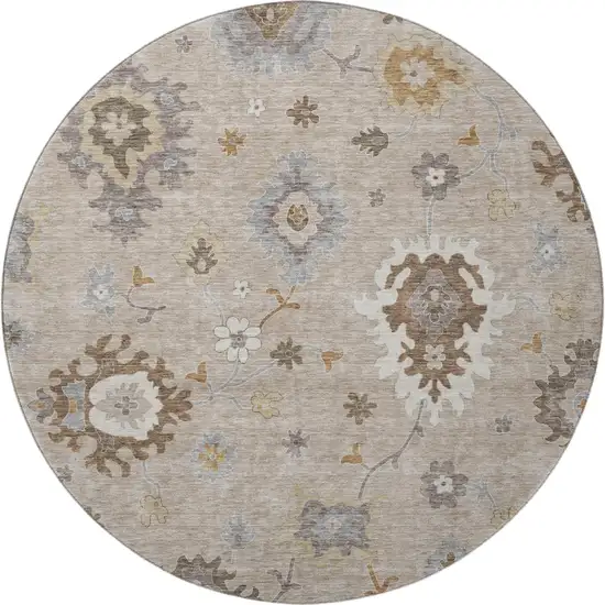 8' Taupe Gray And Ivory Floral Medallion Washable Round Rug With UV Protection Photo 4