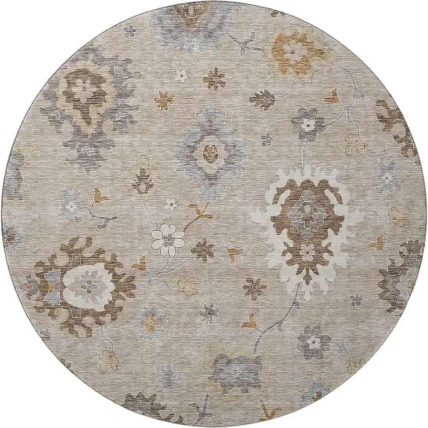 8' Taupe Gray And Ivory Floral Medallion Washable Round Rug With UV Protection Photo 4