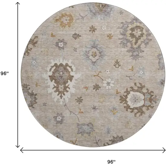 8' Taupe Gray And Ivory Floral Medallion Washable Round Rug With UV Protection Photo 3