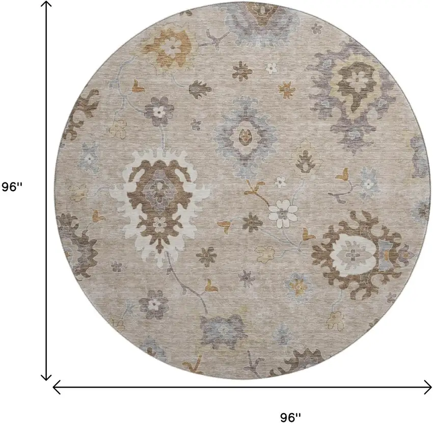 8' Taupe Gray And Ivory Floral Medallion Washable Round Rug With UV Protection Photo 3