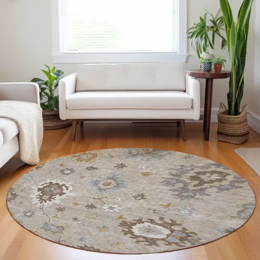 8' Taupe Gray And Ivory Floral Medallion Washable Round Rug With UV Protection Photo 5
