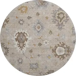 Photo of 8' Taupe Gray And Ivory Floral Medallion Washable Round Rug With UV Protection