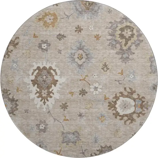 8' Taupe Gray And Ivory Floral Medallion Washable Round Rug With UV Protection Photo 1