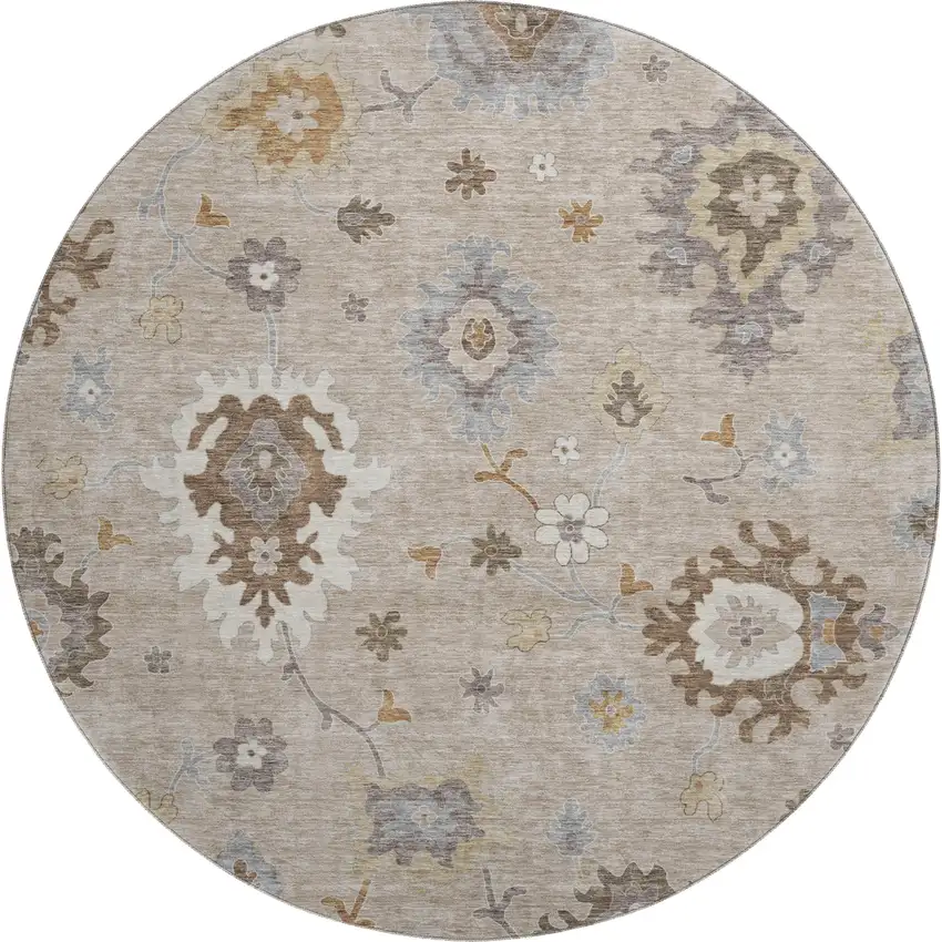8' Taupe Gray And Ivory Floral Medallion Washable Round Rug With UV Protection Photo 1