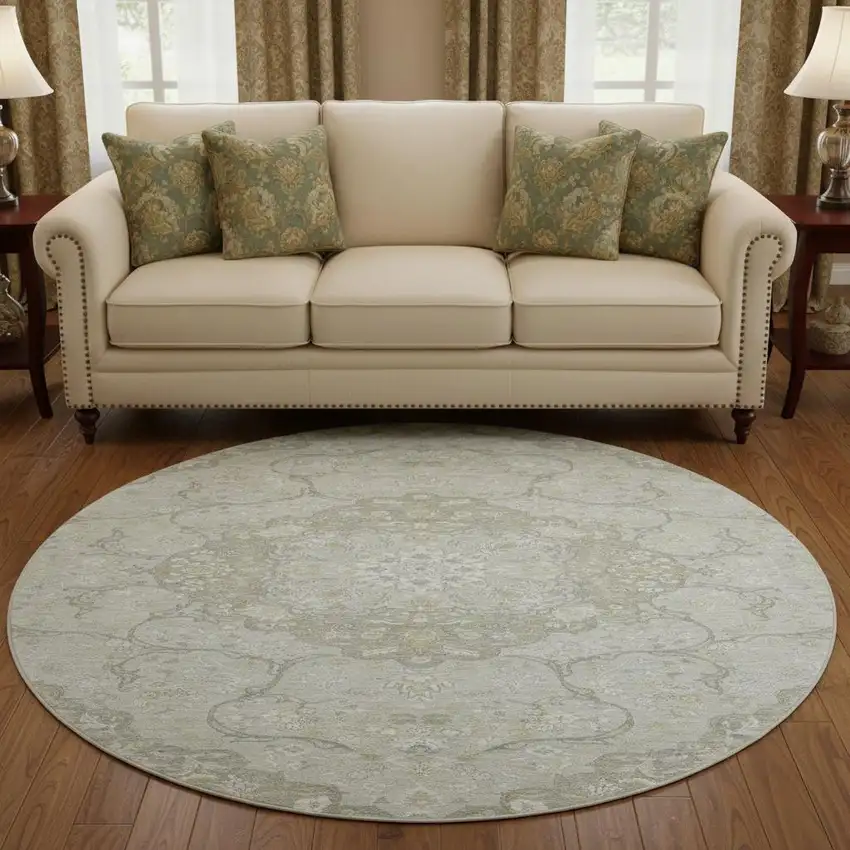 8' Taupe Gray And Ivory Medallion Washable Round Rug With UV Protection Photo 2