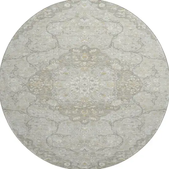 8' Taupe Gray And Ivory Medallion Washable Round Rug With UV Protection Photo 3