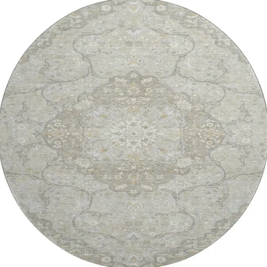 8' Taupe Gray And Ivory Medallion Washable Round Rug With UV Protection Photo 3
