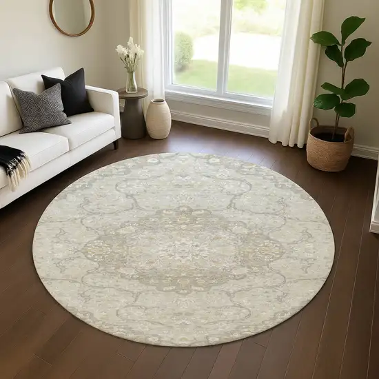 8' Taupe Gray And Ivory Medallion Washable Round Rug With UV Protection Photo 4