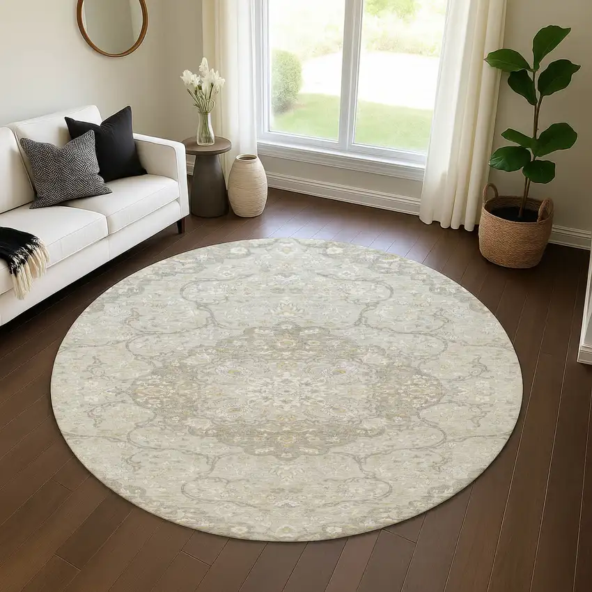 8' Taupe Gray And Ivory Medallion Washable Round Rug With UV Protection Photo 4