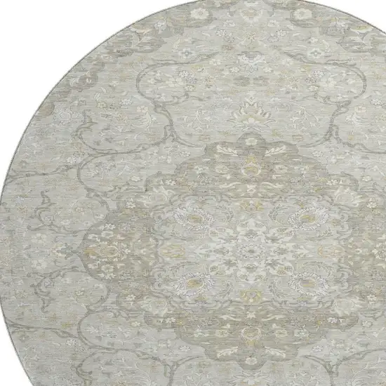 8' Taupe Gray And Ivory Medallion Washable Round Rug With UV Protection Photo 2