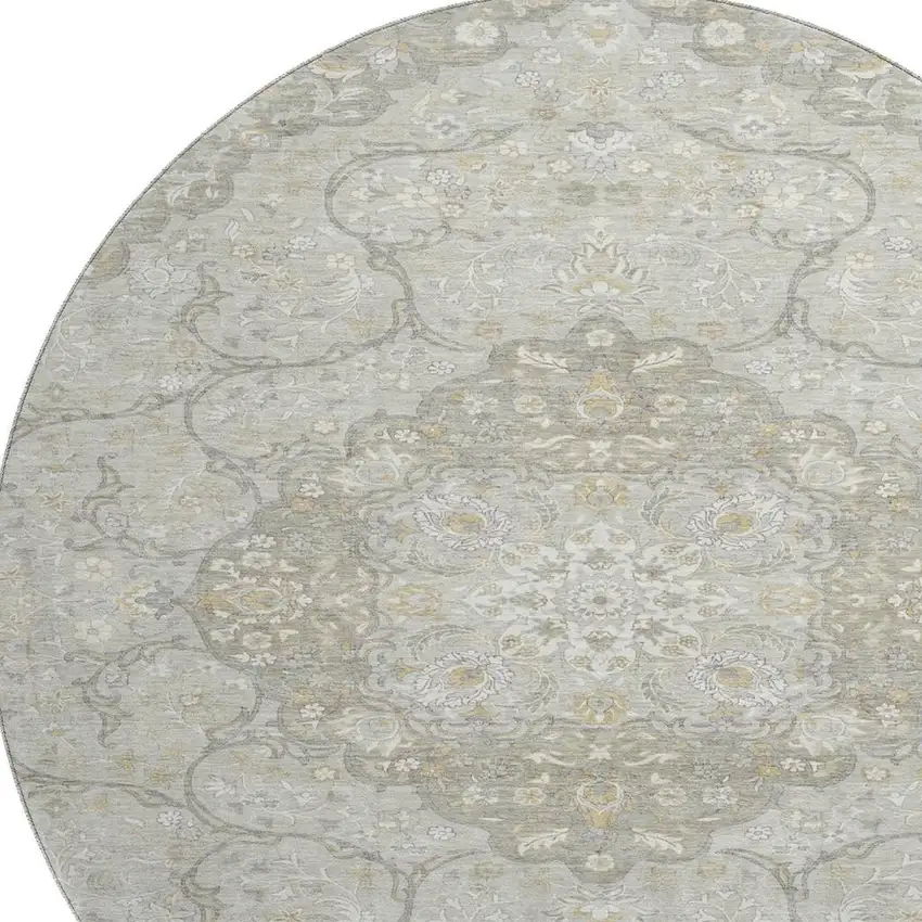 8' Taupe Gray And Ivory Medallion Washable Round Rug With UV Protection Photo 2