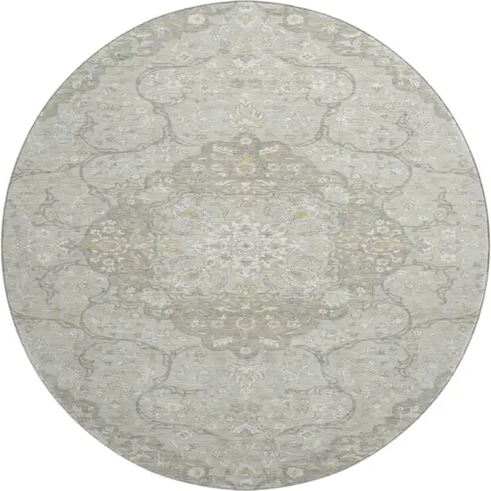 8' Taupe Gray And Ivory Medallion Washable Round Rug With UV Protection Photo 1