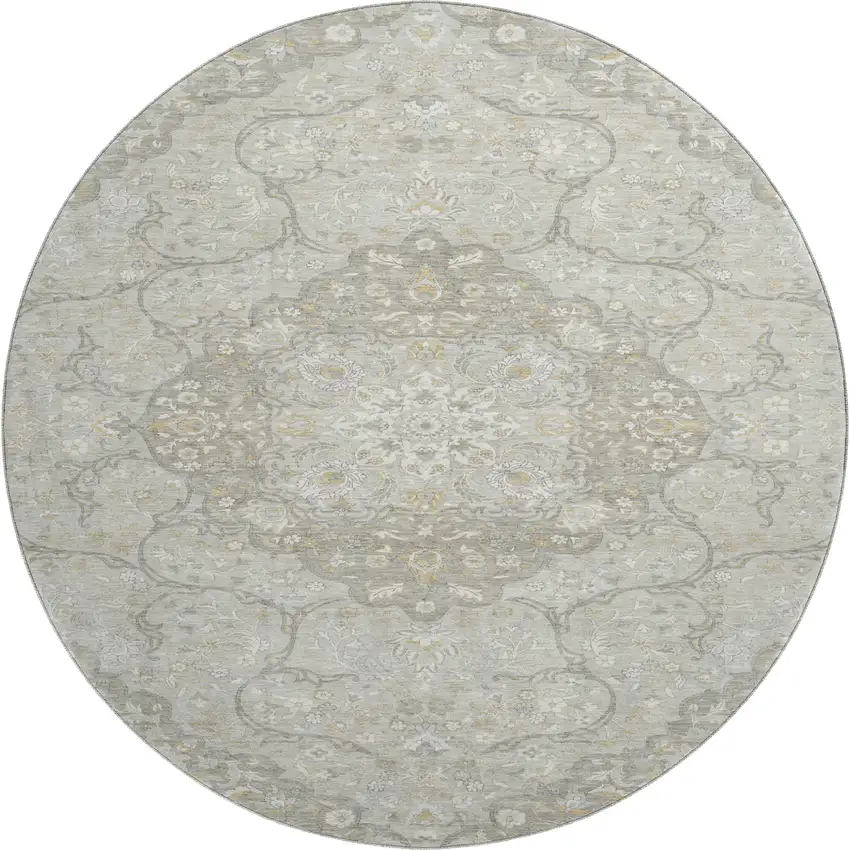8' Taupe Gray And Ivory Medallion Washable Round Rug With UV Protection Photo 1