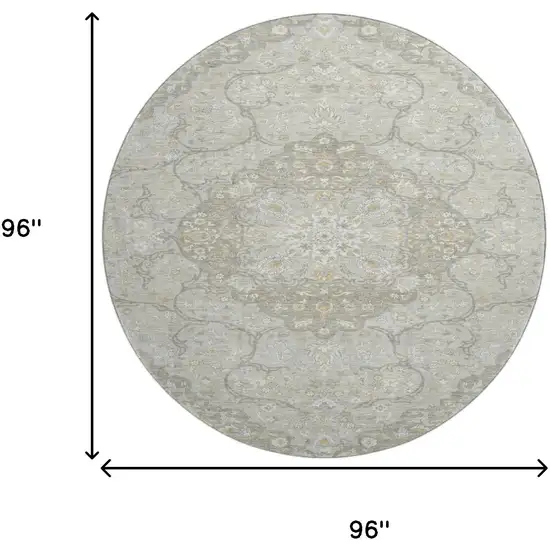 8' Taupe Gray And Ivory Medallion Washable Round Rug With UV Protection Photo 9