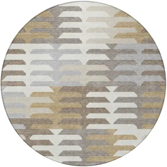 8' Taupe Gray And Ivory Round Geometric Washable Indoor Outdoor Area Rug Photo 5