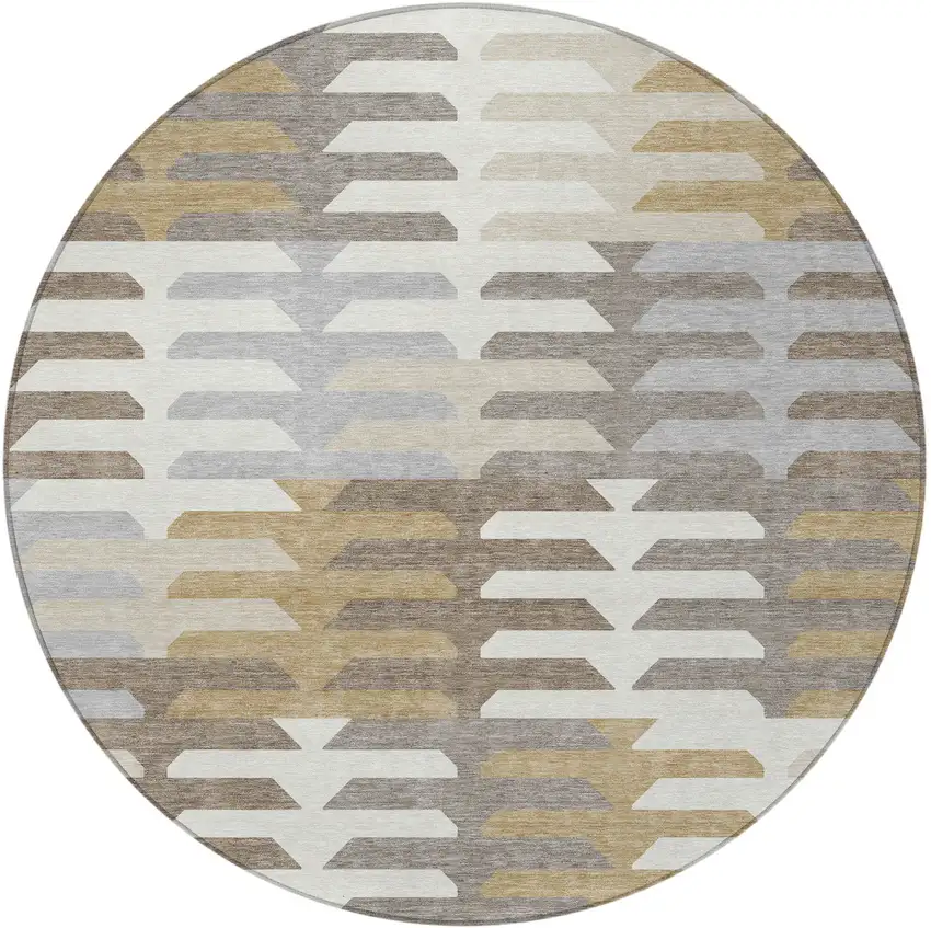 8' Taupe Gray And Ivory Round Geometric Washable Indoor Outdoor Area Rug Photo 5
