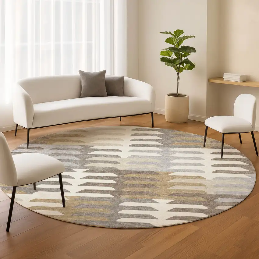 8' Taupe Gray And Ivory Round Geometric Washable Indoor Outdoor Area Rug Photo 9