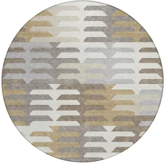 8' Taupe Gray And Ivory Round Geometric Washable Indoor Outdoor Area Rug Photo 4