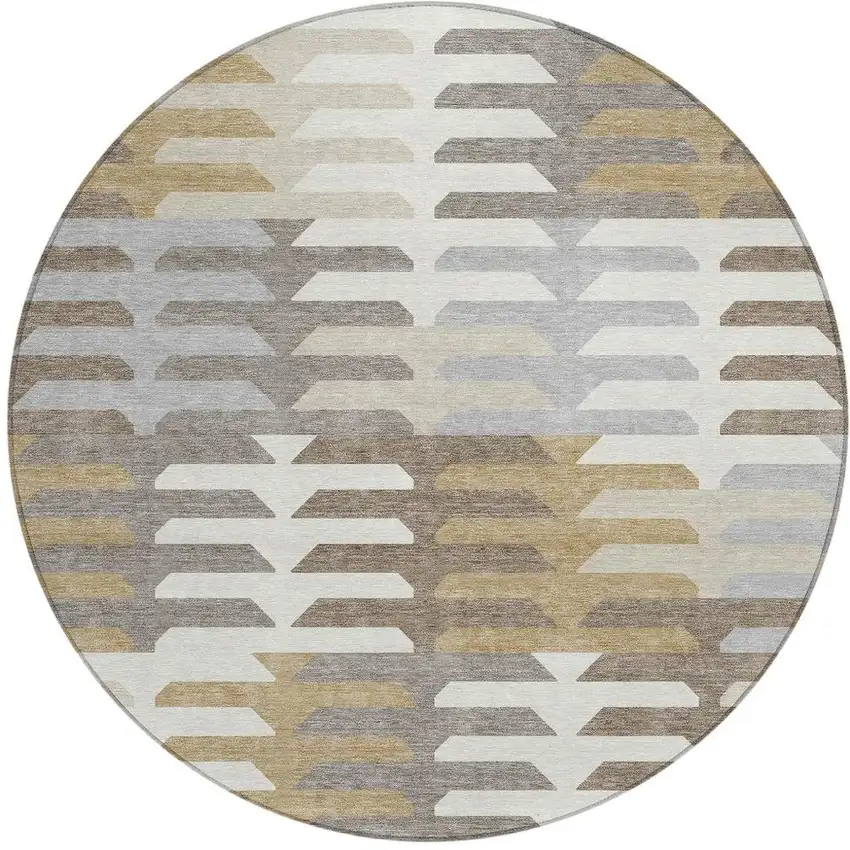 8' Taupe Gray And Ivory Round Geometric Washable Indoor Outdoor Area Rug Photo 4