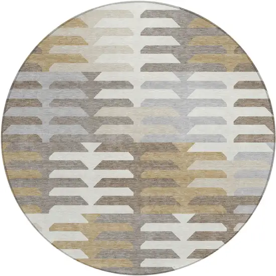 8' Taupe Gray And Ivory Round Geometric Washable Indoor Outdoor Area Rug Photo 2