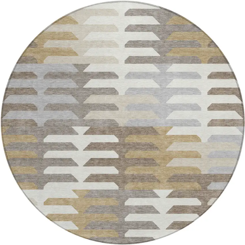8' Taupe Gray And Ivory Round Geometric Washable Indoor Outdoor Area Rug Photo 2