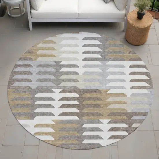 8' Taupe Gray And Ivory Round Geometric Washable Indoor Outdoor Area Rug Photo 7