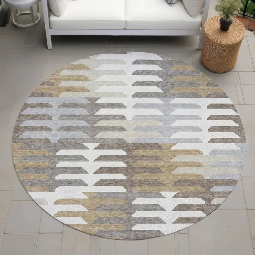 8' Taupe Gray And Ivory Round Geometric Washable Indoor Outdoor Area Rug Photo 7