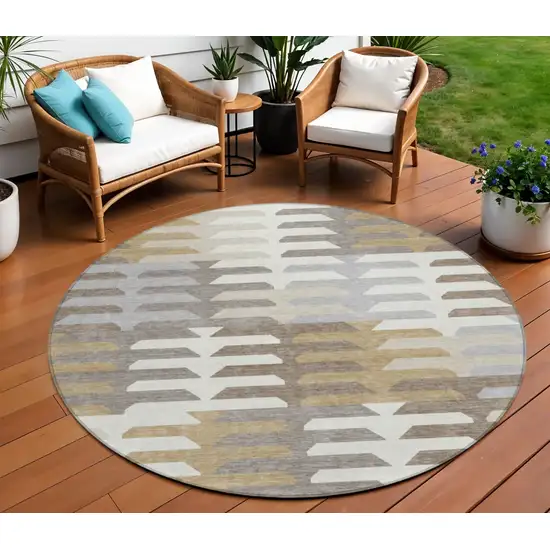 8' Taupe Gray And Ivory Round Geometric Washable Indoor Outdoor Area Rug Photo 1