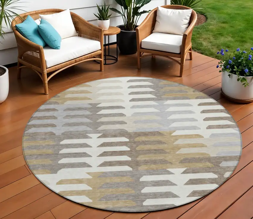 8' Taupe Gray And Ivory Round Geometric Washable Indoor Outdoor Area Rug Photo 1