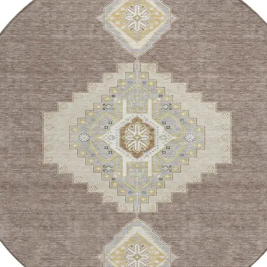 8' Taupe Gray And Ivory Round Oriental Washable Indoor Outdoor Area Rug Photo 5