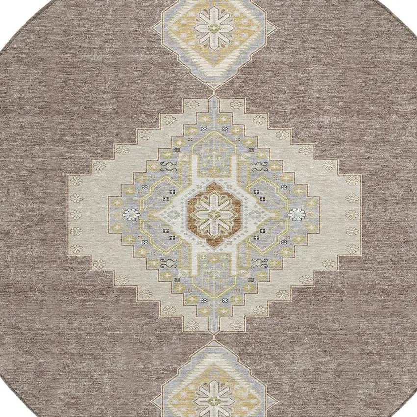 8' Taupe Gray And Ivory Round Oriental Washable Indoor Outdoor Area Rug Photo 5