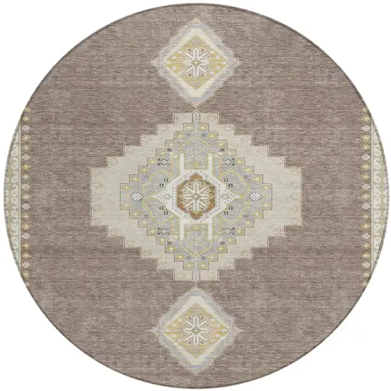 8' Taupe Gray And Ivory Round Oriental Washable Indoor Outdoor Area Rug Photo 6