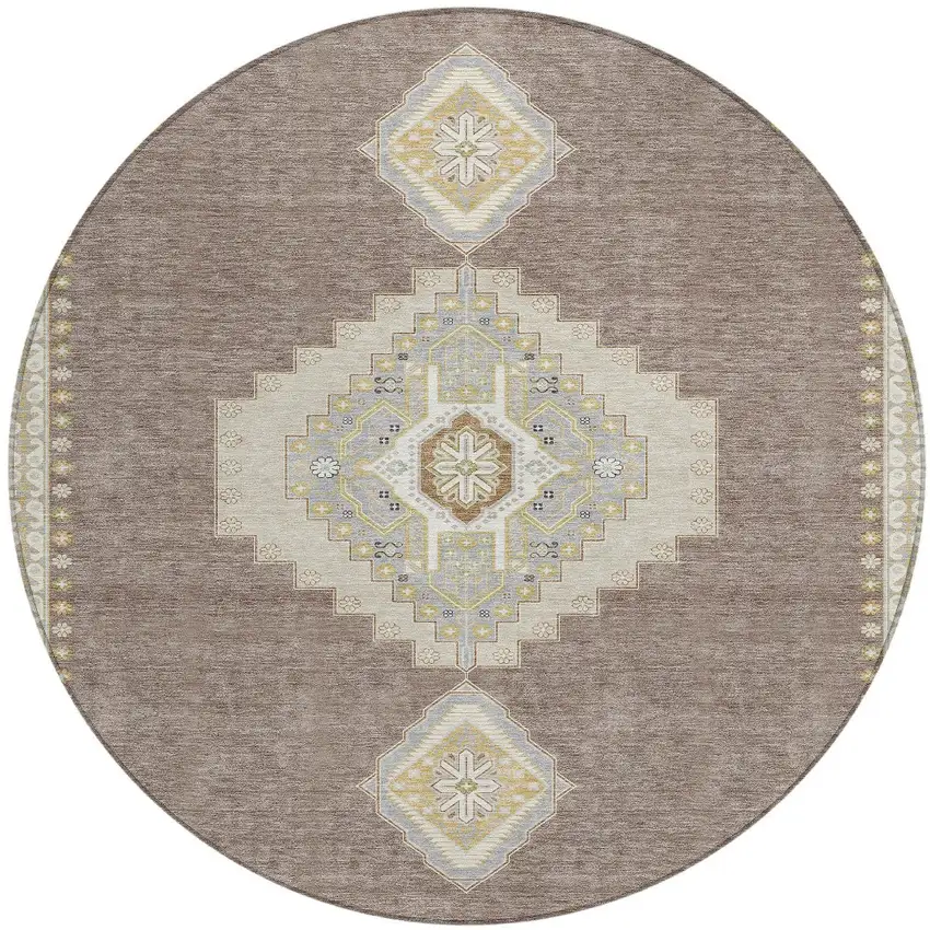 8' Taupe Gray And Ivory Round Oriental Washable Indoor Outdoor Area Rug Photo 6