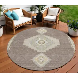 Photo of 8' Taupe Gray And Ivory Round Oriental Washable Indoor Outdoor Area Rug