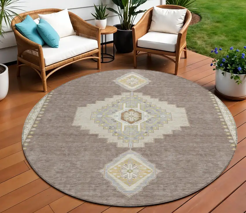 8' Taupe Gray And Ivory Round Oriental Washable Indoor Outdoor Area Rug Photo 1