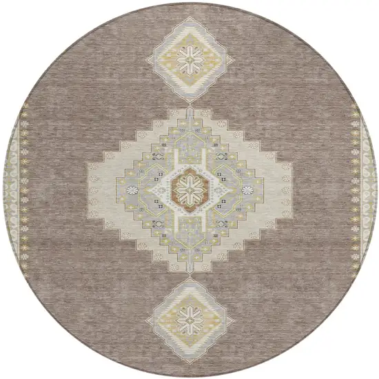 8' Taupe Gray And Ivory Round Oriental Washable Indoor Outdoor Area Rug Photo 2