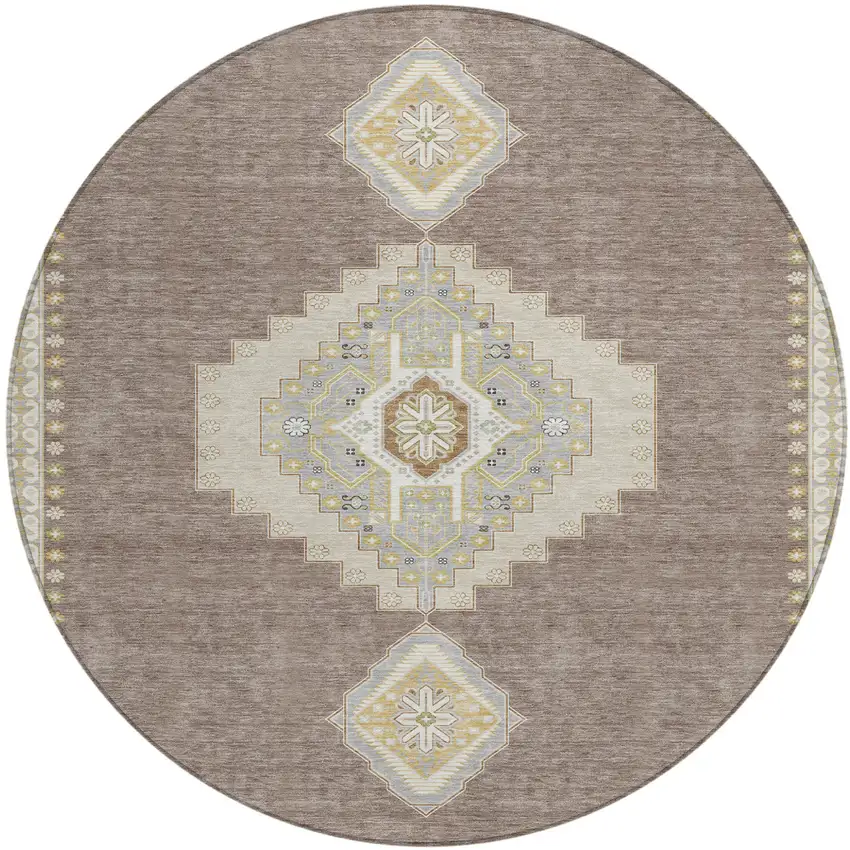 8' Taupe Gray And Ivory Round Oriental Washable Indoor Outdoor Area Rug Photo 2