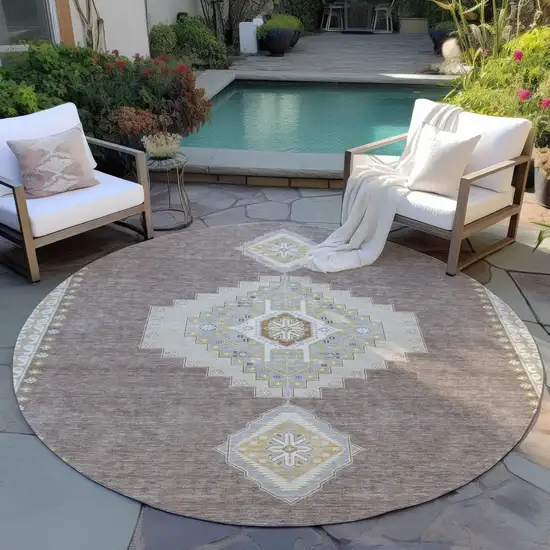 8' Taupe Gray And Ivory Round Oriental Washable Indoor Outdoor Area Rug Photo 7