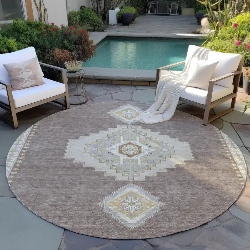 8' Taupe Gray And Ivory Round Oriental Washable Indoor Outdoor Area Rug Photo 7