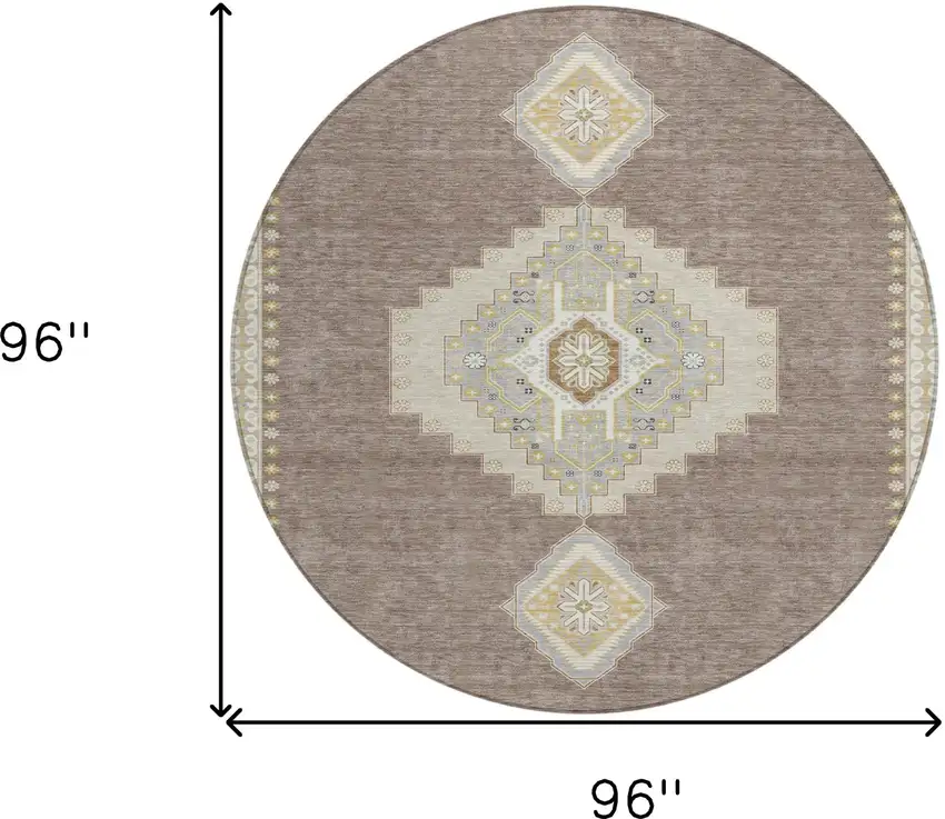 8' Taupe Gray And Ivory Round Oriental Washable Indoor Outdoor Area Rug Photo 3