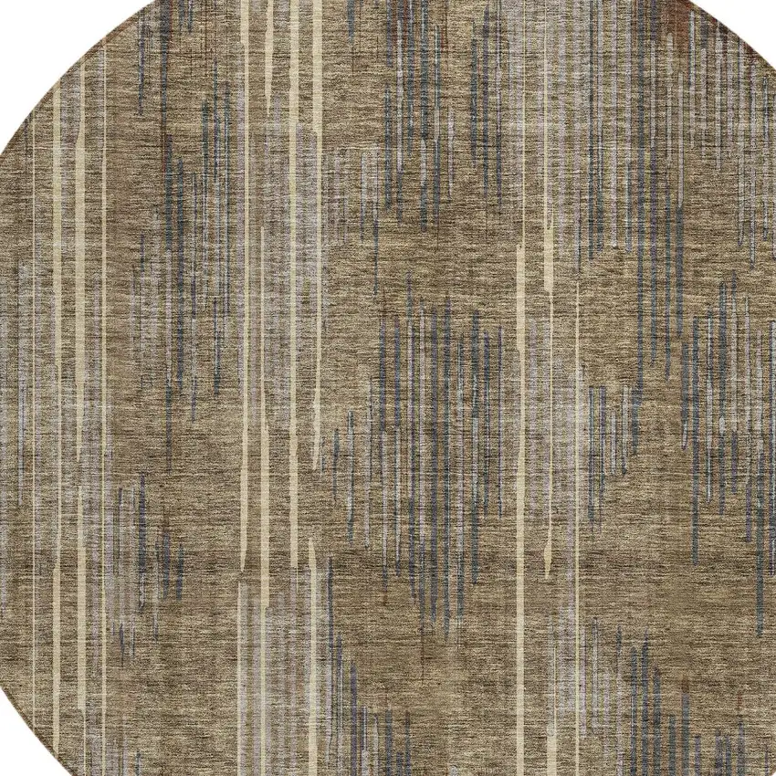 8' Taupe Gray And Ivory Round Striped Washable Indoor Outdoor Area Rug Photo 5