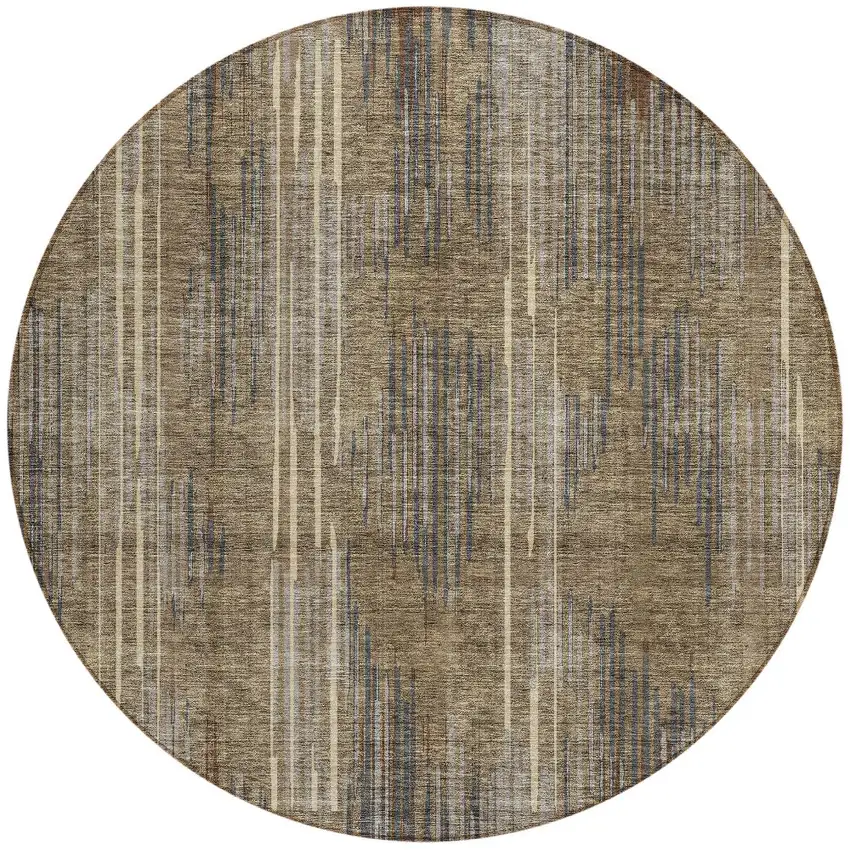 8' Taupe Gray And Ivory Round Striped Washable Indoor Outdoor Area Rug Photo 6
