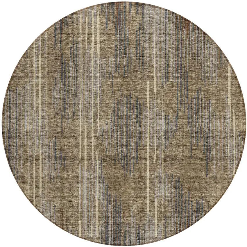 8' Taupe Gray And Ivory Round Striped Washable Indoor Outdoor Area Rug Photo 2