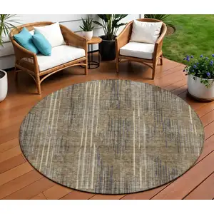 Photo of 8' Taupe Gray And Ivory Round Striped Washable Indoor Outdoor Area Rug